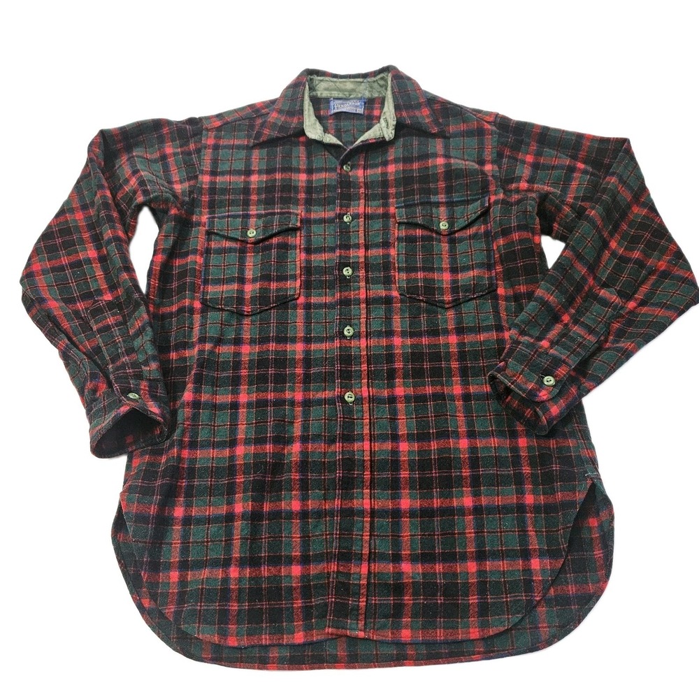 Vintage Pendleton Red Blue Virgin Wool Shirt Mens Size 15 1/2 Made in USA